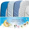 4BABIES - Set 4 Lenzuolo con Angoli 70x140 per Lettino Neonato - Cotone 100% Traspirante OEKO-TEX - Lenzuola Lettino con Sbarre - Morbido, Made in Italy - Pois Blue, Smoke Blue, Azzurro e Blu