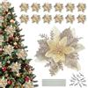 HZYIQ 12 Pz Fiori per Albero di Natale, Stella di Natale Artificiale Fiori per Albero di Natale, Finti Fiori di Natale Poinsettia Glitter Ornamenti Decorazioni Addobbi Natalizi con Clip, 14 x 14cm (Oro)