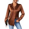 Zeagoo Camicia da Donna in Raso di Seta Camicetta Elegante Bluse Scollo a V Camicia a Maniche Lunghe Button Down a Tinta Unita Shirts Classico Tops Marrone XL