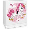 leomark Mobiletto moderno bianco - motivo Unicorno Rosa - mobili per la cameretta dei bambini, armadio, cassettiera, ripiani regolabili in altezza, dimensioni: 60 x 42 x 78 cm.