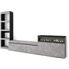 Skraut Home | Mobile Soggiorno TV | Parete Attrezzata Soggiorno | 310x186x35cm | Per TV fino a 65 | Camino elettrico | Stile moderno | Cemento