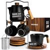MIAMIO - Set di teiere in ceramica da 1000 ml con infusore e tazze/colino per il tè, 4 tazze da tè in ceramica (300 ml), piattini in bambù/manico con supporto per casa e ufficio
