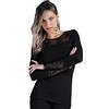 JADEA Maglia da Donna in Cotone Elasticizzato Manica Lunga Donna Elegante con Pizzo Elasticizzato Ricamata (IT, Testo, L, Regular, Regular, Nero)