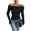 AOWVUTS Maglietta a Manica Lunga Donna Sexy Maglia Spalle Scoperte T-Shirt Aderente Maglia Elegante Basic Shirt Top Casual Slim Fit Y2K Crop Top Camicetta Solido Shirt Corto