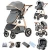 Kakbgee passeggino combinato 3-in-1, passeggino urbano con seggiolino auto ECE R129, passeggino regolabile in altezza, telaio in alluminio morbido convertibile, adatto per neonati 0-4 anni