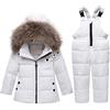 amropi Tuta da Sci per Bambino Unisex Tute Completo da Neve 2 Pezzi Invernale Giacca con Cappuccio e Pantaloni Bianco,1-2 Anni
