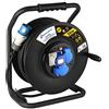 Electraline 49058 Prolunga in Gomma 3G1.5 mm² con Avvolgicavo, 2 Prese Industriali IEC e 1 Schuko Spina a 3 Poli Adatto per Camper, Campeggio, Caravan, Barca, Cantiere, Nero, 50 m