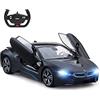 RASTAR Modello di auto BMW i8, 1:14 BMW i8 auto telecomandata, porte aperte tramite RC/luci di lavoro - nero opaco