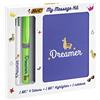 Bic My Message Dreamer Kit - Kit di cancelleria con 1 penna a sfera a 4 colori, 1 evidenziatore Grip Green, 1 taccuino A6 bianco