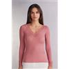Intimissimi Maglia Scollo A V In Modal Cashmere Ultralight E Pizzo Rosa