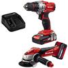 Einhell 4257211 Trapano Avvitatore e Smerigliatrice Angolare a Batteria, Nero, Grigio, Rosso