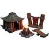 3D Vikings Orc Camp Set: cabina rustica, striscione da combattimento, accogliente falò e panchina in legno, scala 28/32 mm, grigio non verniciato, ideale per giochi di guerra e tavolo