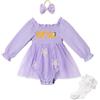 Miipat Abito Bambina Abitini per Il Primo Compleanno Vestiti Tulle Tutina a Maniche Lunghe Set di Accessori per Foto Cake Smash Outfit Fascia con Fiocco e Calzini 9-12 Mesi