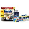 Finish Kit Lavastoviglie, 105 Pastiglie Ultimate PLUS Infinity Shine al Limone contro lo Sporco e i Residui Incrostati, 2 Brillantante Lemon da 500ml, 3 Curalavastoviglie al Limone da 250ml