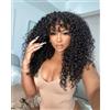 CLASSINE 24 Inch Kinky Curly Human Hair Wig with Bangs Onda d'acqua capelli parrucca umana con frangia Glueless Brasiliana Curly Wig with Bang for Black Women senza colla None Lace