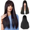 LUFFLOK Parrucca lunga e liscia da donna, capelli naturali fino alle spalle, frangia piatta, parrucca sintetica resistente al calore, per uso quotidiano e feste cosplay, 71,1 cm, Nero