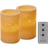 EMOS Candele di cera a LED vintage con motivi invernali, 2 pezzi, timer da 6 ore, luce bianca calda, funzionamento a batteria (2 x AA), con telecomando (1 x CR2032), durata 10000 ore, per interni,