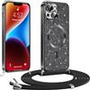 Phoona Glitter Cover per iphone 14 6,1 con Cordino, Antiurto Silicone Protezione, compatibile con Morbido TPU Silicone Cover con Cordino, Anti Graffi, Non Ingiallente, Nero