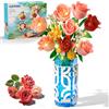 CUBIMANA Set di bouquet di fiori con vaso e luce LED, 14 mini rose di fiori botanici da costruzione, regalo per San Valentino per lei e lui, rose artificiali fai da te, decorazione per casa e ufficio