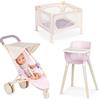 LullaBaby - Bambola realistica di 36 cm - pelle chiara e occhi azzurri - Set di box, seggiolone e passeggino - Gioco di finzione - Giocattoli per bambini dai 2 anni + - Playset per bambole e nursery