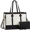LOVEVOOK Borsa Donna PC 15.6 Pollici, Grande Borsa Lavoro per Computer, Impermeabile Shopper Laptop Tote Bag in Pelle PU e Tela, Handbag da Università Ufficio Shopper, Nero e bianco