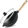 4BIG.fun Wok Padella Ø 24 cm 2,2 l in ghisa con manico in legno coperchio in vetro Asia wok padella induzione