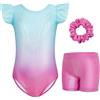 Gogokids Set di 3 magliette da ginnastica per bambini, con paillettes sfumate e design glitterato, set di costume da ginnastica include maglia, pantaloncini e fascia per capelli per 3-12 anni,