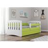 Bjird Letto per bambini singolo - con sponda anticaduta - con barriera - con Materasso cassettone estraibile e telaio a doghe per bambini e bambine - Classico - verde - 80 x 160 cm