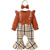 HEOXIN Set Vestiti per Neonata, Romper Completino Volant a Maniche Lunghe con Fiocco, Bodysuit con a Quadri Orli Svasati e Fascia, Set di Vestiti per Neonati per 18-24 Mesi, Marrone