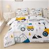 Loussiesd Cartoon Car Bambini Comforter Set di Costruzione Set di Biancheria Da Letto Attrezzature Decor Camion Consolatore Cartoon Auto Escavatore Trattore Bianco Giallo Set Trapunta Camera Da