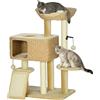 PawHut Albero Tiragraffi per Gatti con Casetta, Trespolo e Pallina, in Legno e Poliestere, 60x40x98 cm, Marrone e Beige