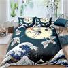 Loussiesd Set di biancheria da letto giapponese Ukiyoe 3D con stampa a gru rossa con coronata rossa con onde oceano e luna, copriletto decorativo Hokusai, con 2 federe, 3 pezzi, per letto matrimoniale