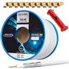 HB-Digital Set di cavi satellitari coassiali da 50 m, 135 db bianco + 10 connettori F dorati + 1 spelacavi| CCS acciaio, rame, cavo, antenna satellitare, 5 schermature per DVB-S/S2 -C/C2 -T/T2 DAB+