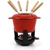BBQ-TORO Set fonduta in ghisa per 6 Persone Set fonduta 13 Pezzi con bruciatore e forchette quantità di riempimento 1 litro di Cioccolato al Formaggio induzione. (Rosso/Smaltato)