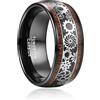 TUNGSTORY 10mm Anello di Ingranaggi in Stile Punk Argento per Uomo Anelli Nuziali in Tungsteno Nero con Legno e Fibra di Carbonio Inaly Taglia 15-32