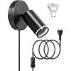 Lamptobe Lampada da Parete con Spina e Interruttore, Faretto GU10 Rotante a 350° con Cavo da 1,6 m, per Soggiorno, Camera da Letto, Ristorante, Pub, Lampadina da 5W Inclusa, 1 Confezione, Nera