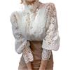 FRESQA Camicia Patchwork in Pizzo con Maniche a Petalo, Colletto alla Coreana, Scava Fuori, Camicetta in Pizzo da Donna, Top Bianco con Bottoni