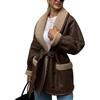 ORANDESIGNE Donna Cappotti Lunghi Colletto Risvoltato Patchwork di Peluche Giacca a Maniche Lunghe Autunno Inverno Ecopelle in Lana Cappotti con Cintura Streetwear C Marrone Scuro M