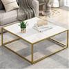 Huhote Tavolino da caffè quadrato, tavolino da caffè moderno, tavolino da tè con robusta struttura in metallo, tavolino da salotto in marmo bianco, 67 x 66 x 40 cm, oro