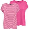 Only Maglietta da Donna con Scollo Rotondo, Confezione da 2 Pezzi, Basic a Maniche Corte, Girocollo, vestibilità Normale, Estiva, a Righe, Blu, Rosa, Verde, Nero, Gin Fizz W/CD Stripes, XS