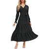 LATH.PIN Abito da donna boho autunnale, casual, maxi abito con motivo a pois svizzero, effetto avvolgente, scollo a V e maniche lunghe, per feste di nozze e cocktail, Nero , M