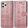 JIUNINE Cover iPhone 12/12 PRO, Custodia Libro in Pelle Portafoglio Flip Case Antiurto con Modello di Cane e Gatto [Porta Carte] [Magnetica] [Interno TPU] per iPhone 12/12 PRO, Oro Rosa
