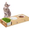Relaxdays Ciotole Rialzate per Gatti, Alzata 2 Ciotoline 250 ml in Ceramica, Scodella Erba Gatta, bambù, Naturale Bianco, 6,5 x 44 x 18 cm