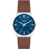 Skagen Grenen Orologio da uomo, Movimento al quarzo a tre lancette con cinturino in acciaio inossidabile o in pelle, 37 mm, Marrone e blu