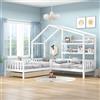 Home Enjoy DE Letto per bambini con cassetti e scaffali,struttura a L, senza materasso, 90x200 cm+140x70 cm, Bianco