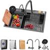 BIGYOUZI Lavello cucina 1 vasca lavelli da cucina portare Rubinetto estraibile a cascata con gocciolatoio con scolapiatti da lavello，Set completo di accessori per lavello. (80x45x23CM, Nero)