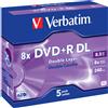 Verbatim 5 DVD+R DL Double Layer 8,5Gb 8X Matt Silver AZO in jewel case - 43541