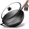 na Friedewald Friedewald® Wok in ghisa con coperchio, adatto a induzione, 29 cm, per 2-4 persone, tutti i piani cottura, griglia e padella massiccia, rivestimento anti-aderenza, bordo alto, padella