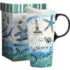 Topadorn Tazza da caffè in porcellana con coperchio e scatola colorata, tazza da viaggio, 500 ml, stella marina