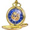 TREEWETO Orologio da tasca - Serie liscia doppia cassa scheletro quadrante blu movimento meccanico con catena, argento/oro